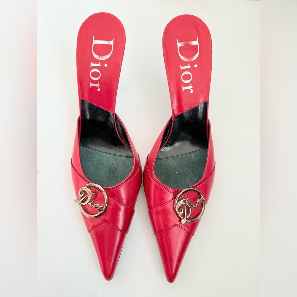 Christian Dior by John Galliano 2000's Red Leather "Dior" Diva Mule Heels EU 40 - Picture 2 of 9